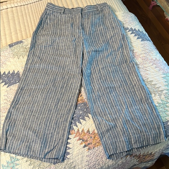 Striped J. Crew Blue and White Linen Cropped Wide-Leg Pants - Picture 1 of 8